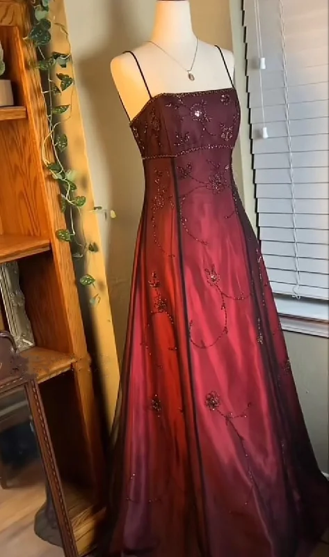 Summer dresses for hot weatherBurgundy Spaghetti Straps Exquisite Beaded Long Tulle Ball Gown Evening Dress gh3208