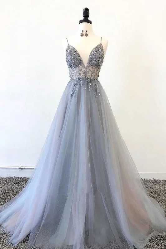 V-neck dresses for womenGrey spaghetti strap beaded tulle A-line long ball gown evening dress gh1037