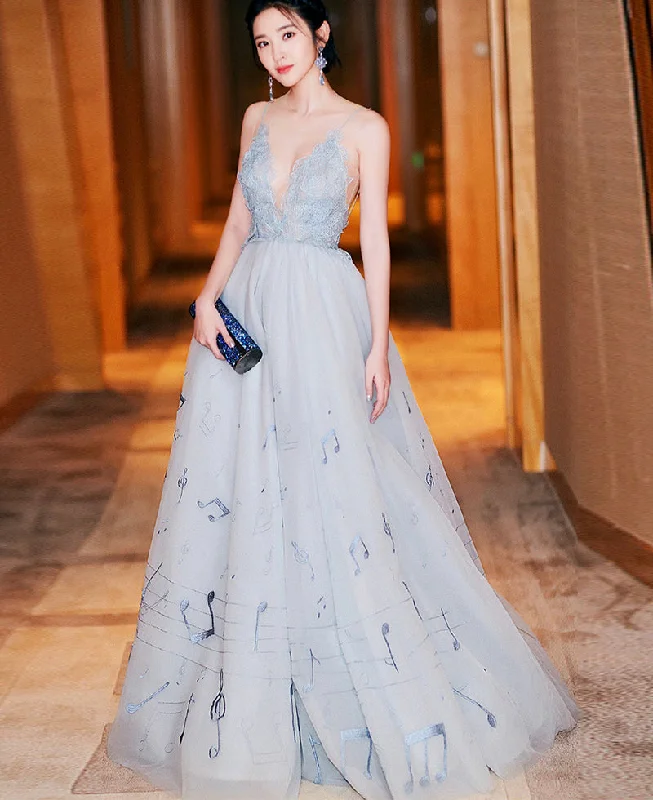 Workwear women's dressesBlue v neck lace long prom dress evening dress  8299