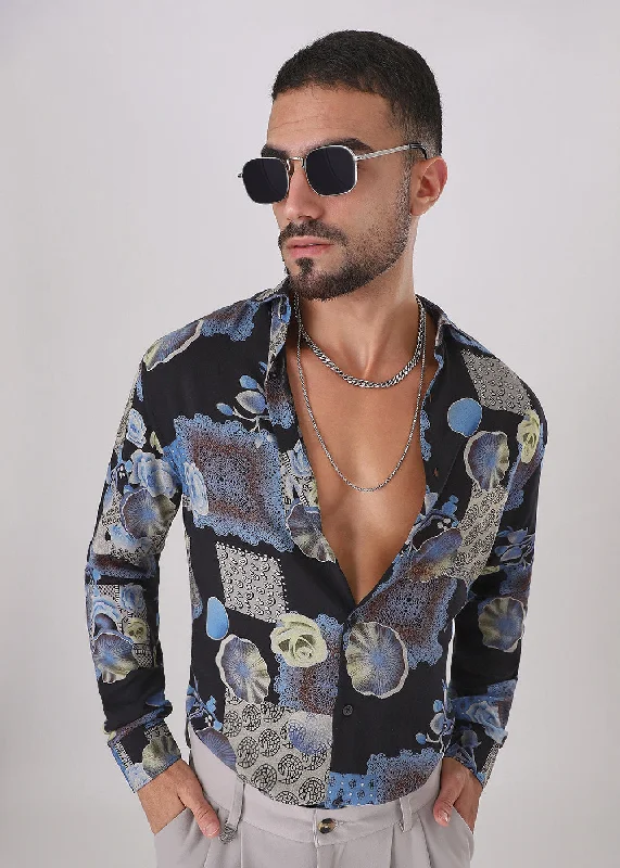 tops with zippers for menDark Blue Feather Shirt