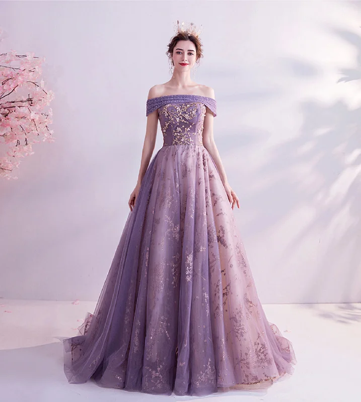 Plus-size dresses for womenPurple tulle sequins long A line prom dress evening dress  8564