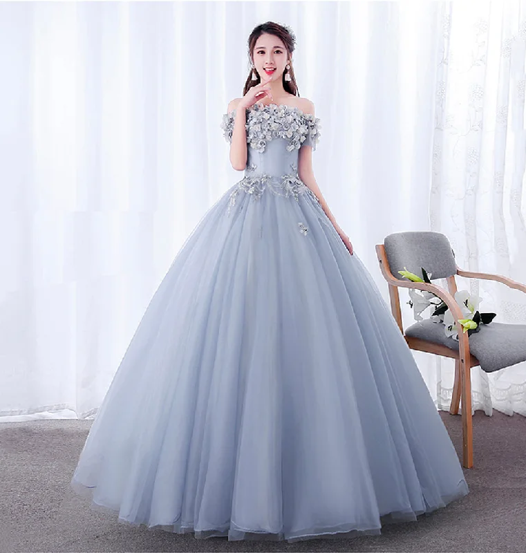 Solid color dresses for womenA line tulle applique long prom dress evening dress  8625