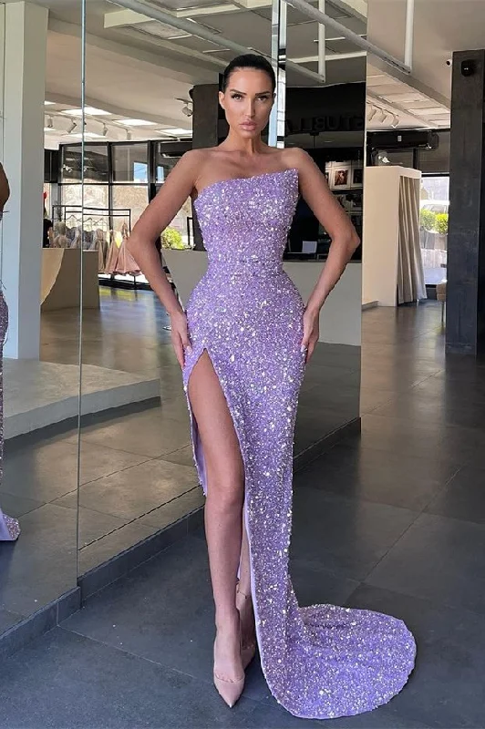 Bodycon dresses for womenFabulous Lilac Strapless Sequins Evening Dress Mermaid Long With Split gh2038