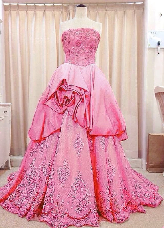 Godet dresses for womenPink Glitter Floral Beading Elegant Long Tulle Ball Gown Evening Dress Graduation Dress gh3348
