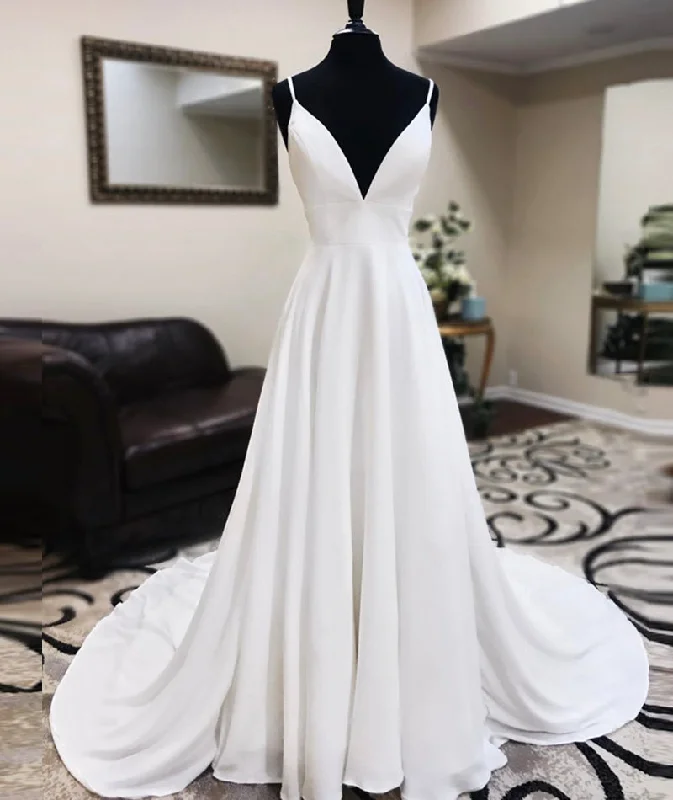 Cap sleeve dresses for womenWhite chiffon lace long prom dress A line evening dress  8454