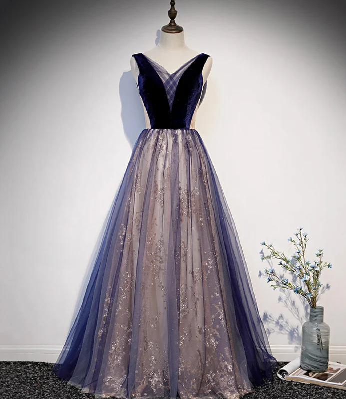 Lace dresses for womenBlue v neck tulle long A line prom dress formal dress  8636