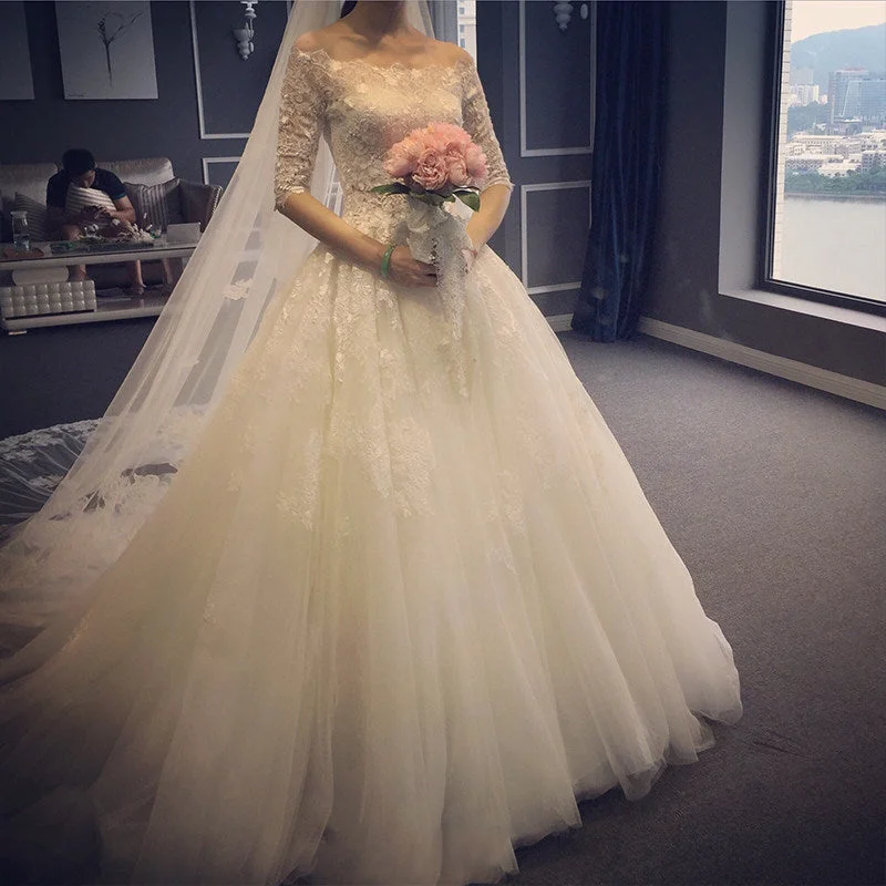 Cold-shoulder dresses for womenWhite tulle lace long ball gown dress evening gown  10084