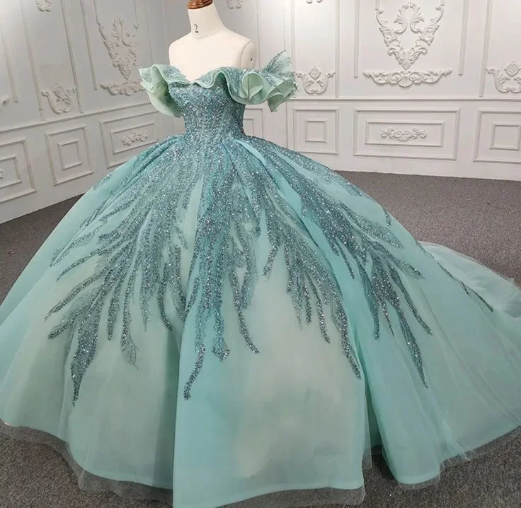 Women's casual dressesGreen gorgeous shiny exquisite beaded long tulle floor-length princess ball gown evening dress Dress gh3196