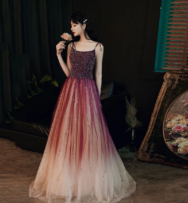 Sack dresses for womenBurgundy tulle beads long prom dress evening dress  8459