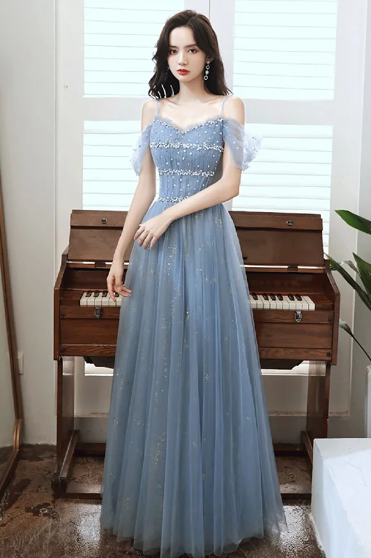 Synthetic dresses for budget-friendly optionsBlue tulle beads long A line prom dress evening dress  8713