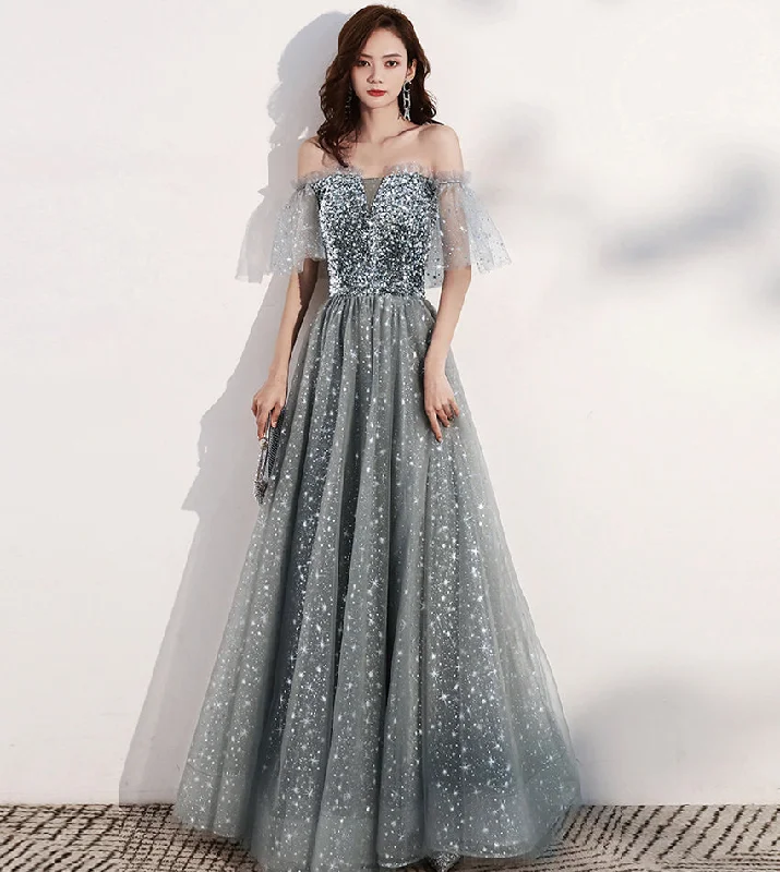 Velvet dresses for womenShiny tulle long prom dress with sequins gray evening dress  8405
