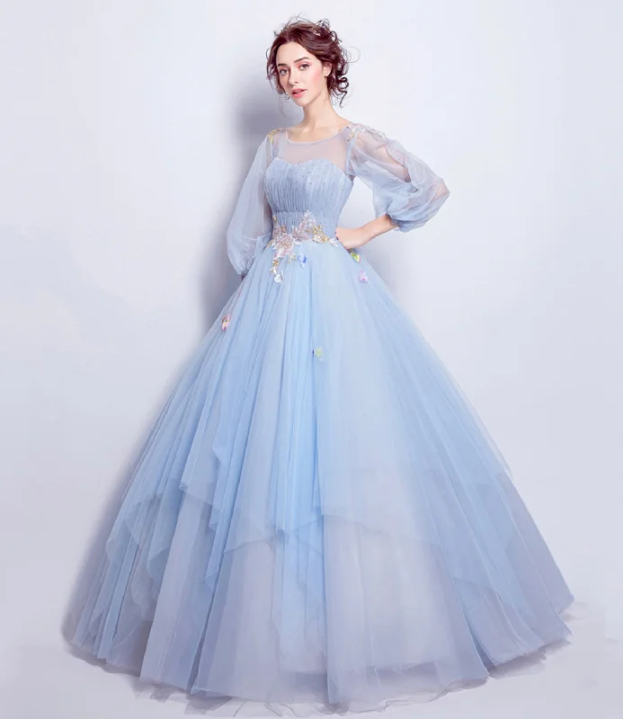 Spaghetti strap dresses for womenBlue tulle sequins long ball gown dress blue evening dress  10360