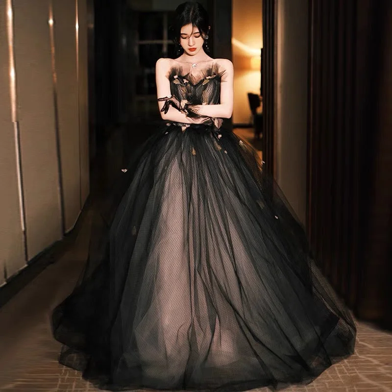 Sack dresses for womenBlack tulle long ball gown dress A line evening gown  10133