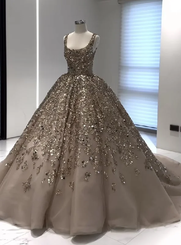 Vintage-inspired dresses for retro fashion loversNude pink gorgeous shiny gold sequins elegant long tulle sequin ball gown evening dress gh3197