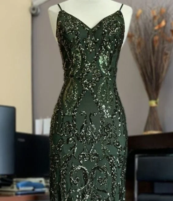 Cocktail dresses for womenGreen shiny elegant delicate beaded applique spaghetti straps long tulle mermaid slim ball gown evening dress gh3190