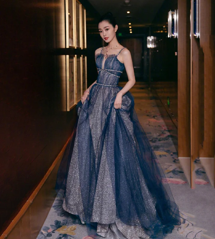 Batwing sleeve dresses for womenBlue tulle long prom dress shiny evening dress  8582