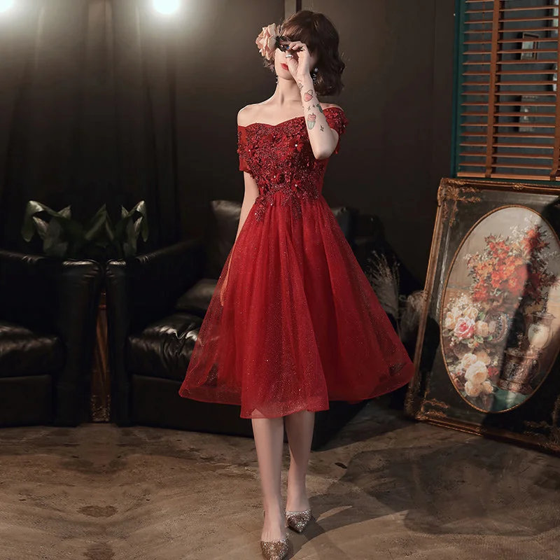 Flutter sleeve dresses for womenBurgundy lace tulle short prom dress homecoming dress  8364