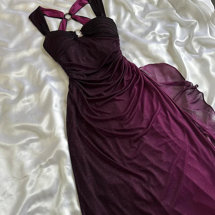 Layering dresses for versatile stylingPurple Shiny Elegant Fashion Gradient Strap Long Tulle Ball Gown Evening Dress gh3203