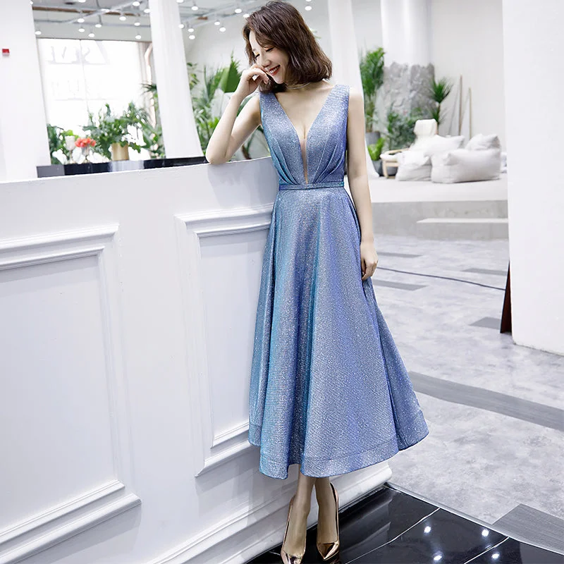 Denim dresses for womenShiny v neck short prom dress blue evening dress  8361
