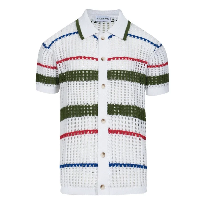 short-sleeved dress shirts for formal occasionsMen's white striped mesh knit cardigan top