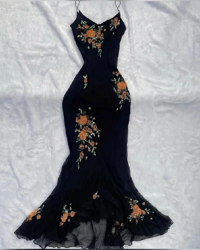 Strapless dresses for womenBlack shiny elegant spaghetti straps orange floral beading slim fit long mermaid chiffon ball gown evening dress gh3361