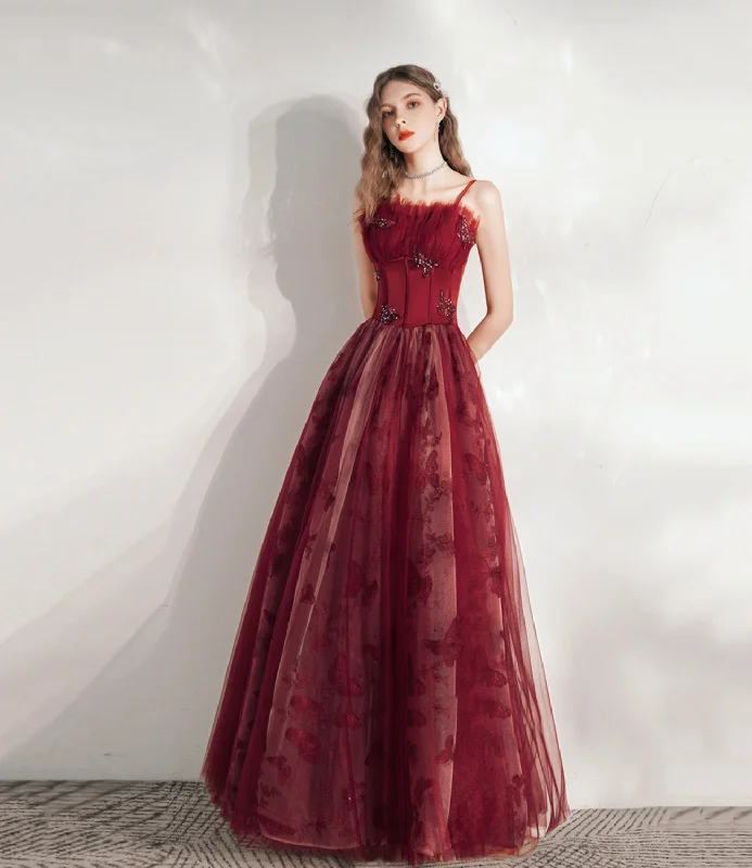 Denim dresses for womenBurgundy tulle long A line prm dress evening dress  8799