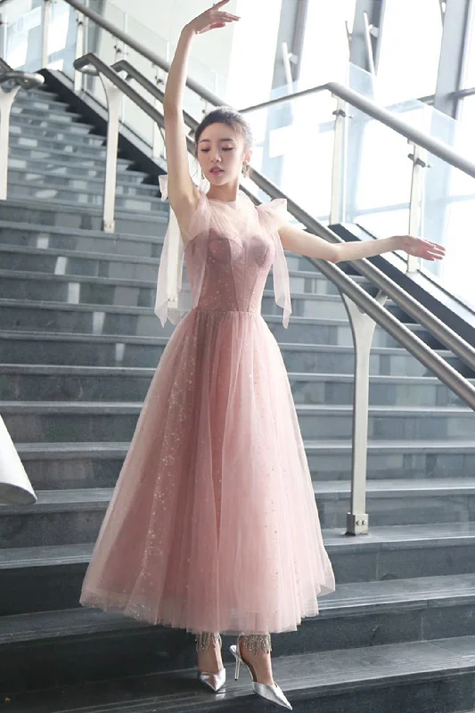 Mini dresses for womenPink A line prom dress pink tulle evening dress  8656