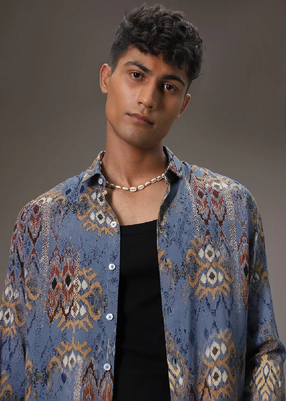 indoor tops for menPacific Blue Printed Feather Shirt