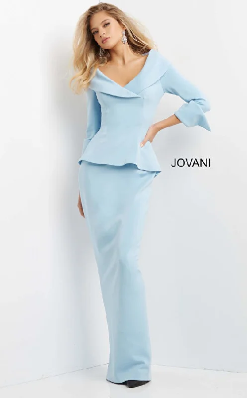 Layering dresses for versatile stylingJovani 07037 Light Blue Long Column Peplum Evening Dress