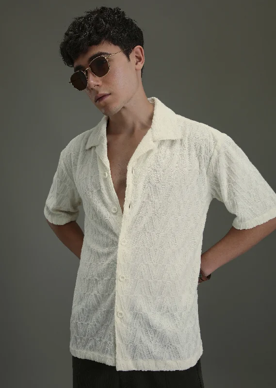 tops suitable for all seasons for menIvory Cream Jacquard Knitted Shirt