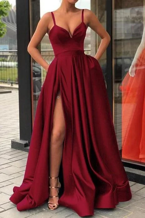 Strapless dresses for womenA Line Evening Dress with High Slit Satin Royal Blue Spaghetti Straps Sweetheart Long Evening Gowngh1097