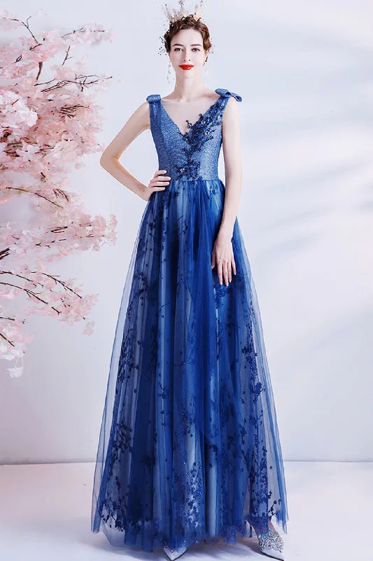 Designer dresses for high-end fashionElegant tulle sequins long A line prom dress evening dress  8702