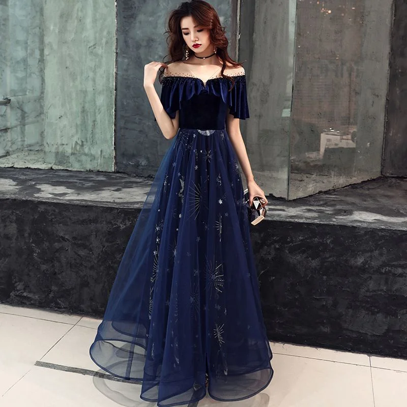 Off-the-shoulder dresses for womenBlue velvet tulle prom dress A line evening dress  8480