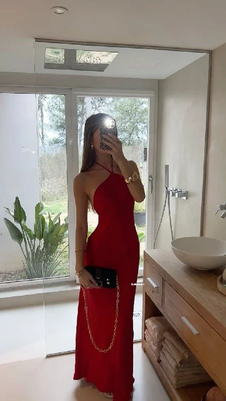 Sleeveless dresses for womenRed suspenders stylish slim elegant long satin ball gown evening dress gh3105