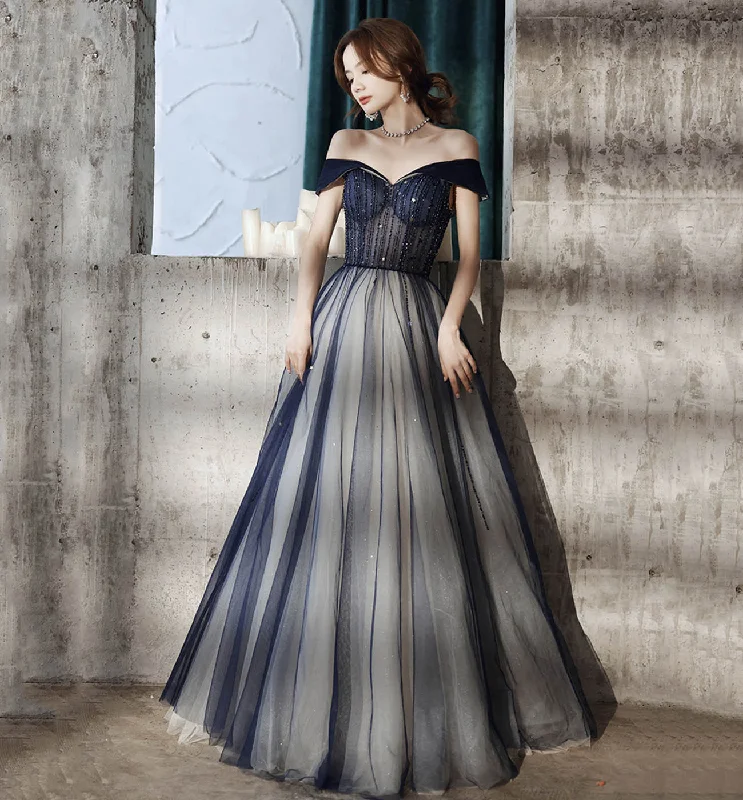 Halter dresses for womenBlue tulle beads long prom dress blue evening dress  8612