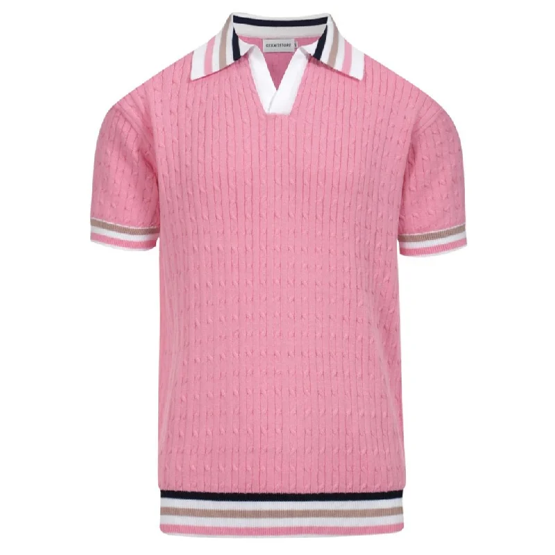 short-sleeved men's clothing inspired by vintage stylesMen's pink vintage striped knit V-neck polo shirt
