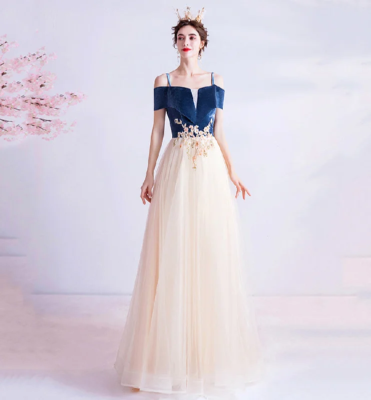 Linen dresses for summerBlue velvet tulle long prom dress evening dress  8447