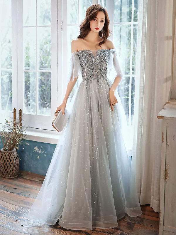 Peplum dresses for womenGray tulle beads prom dress evening dress  8378