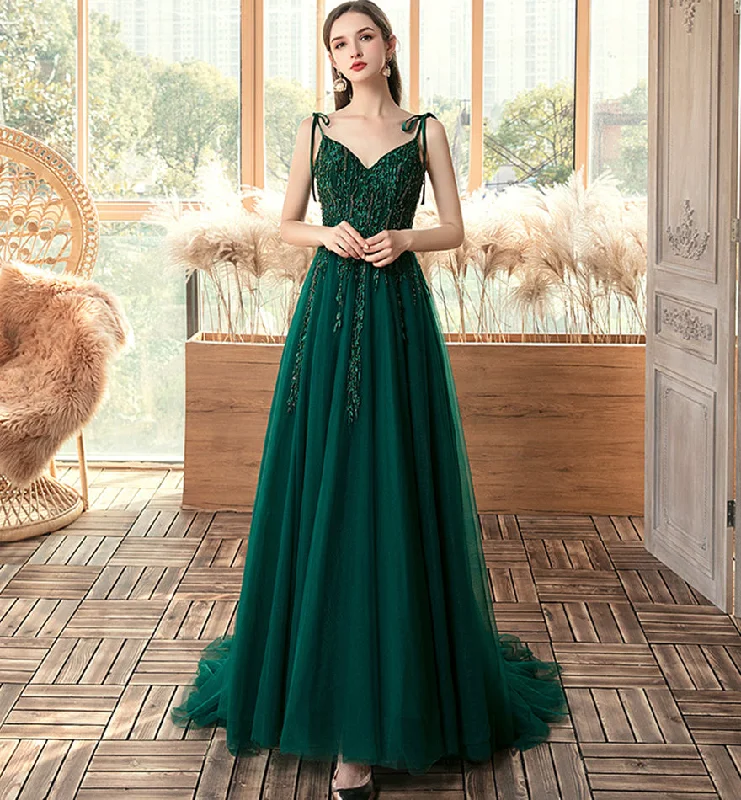 Lantern sleeve dresses for womenGreen tulle lace long prom dress evening dress  8458