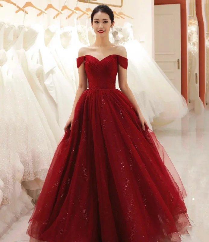 Godet dresses for womenBurgundy tulle long A line prom dress evening dress  8734