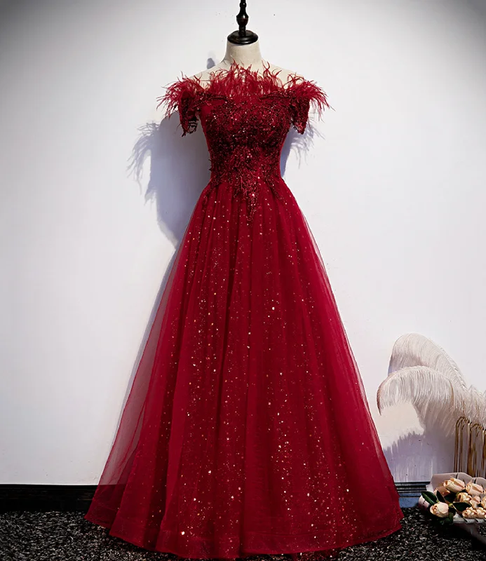 Little red dresses (LRDs) for womenBurgundy tulle sequins long A line prom dress evening dress  8710