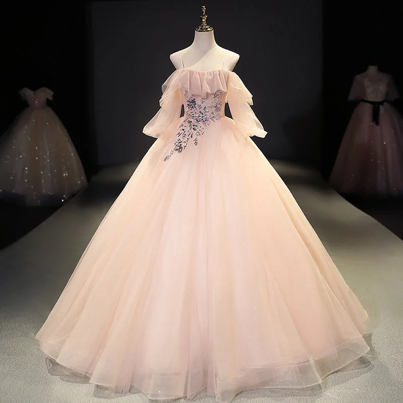Lantern sleeve dresses for womenPink tulle sequins long ball gown dress evening gown  10093