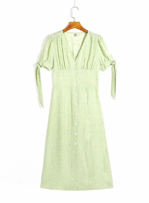 Dancewear dresses for performancesV-neck single breasted slim fit green floral bow cuffs long women's dress  7062