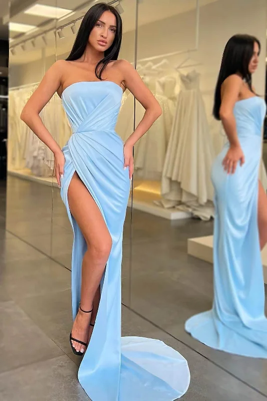 Short and sweet dresses for womenLight Blue Long Mermaid Evening Dress Strapless Split  gh2043