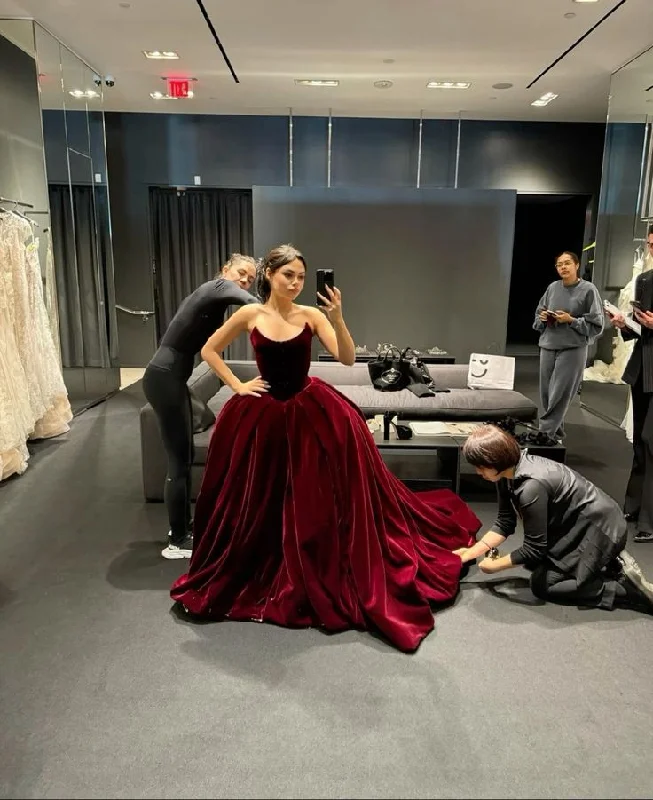 Godet dresses for womenBurgundy velvet stylish elegant long ball gown evening dress gh3041