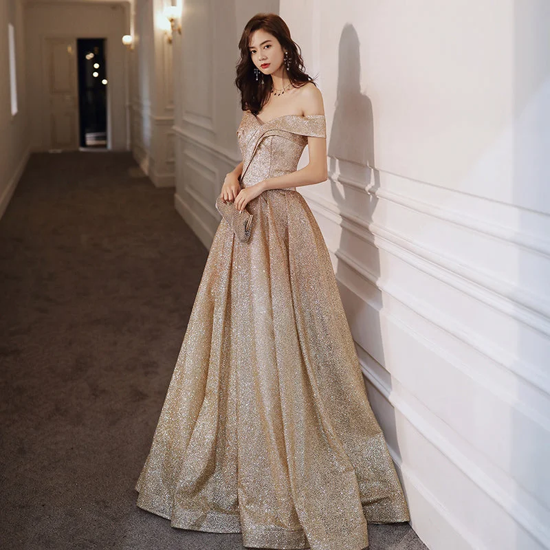 Linen dresses for summerGold sequins long A line prom dress evening dress  8573