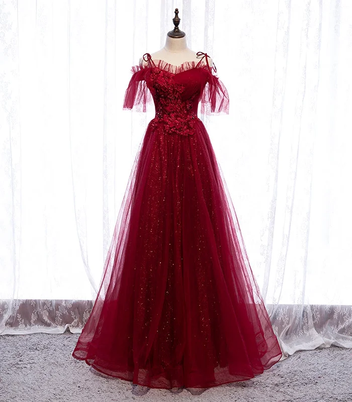 Vintage women's dressesBurgundy tulle lace long prom dress evening dress  8305