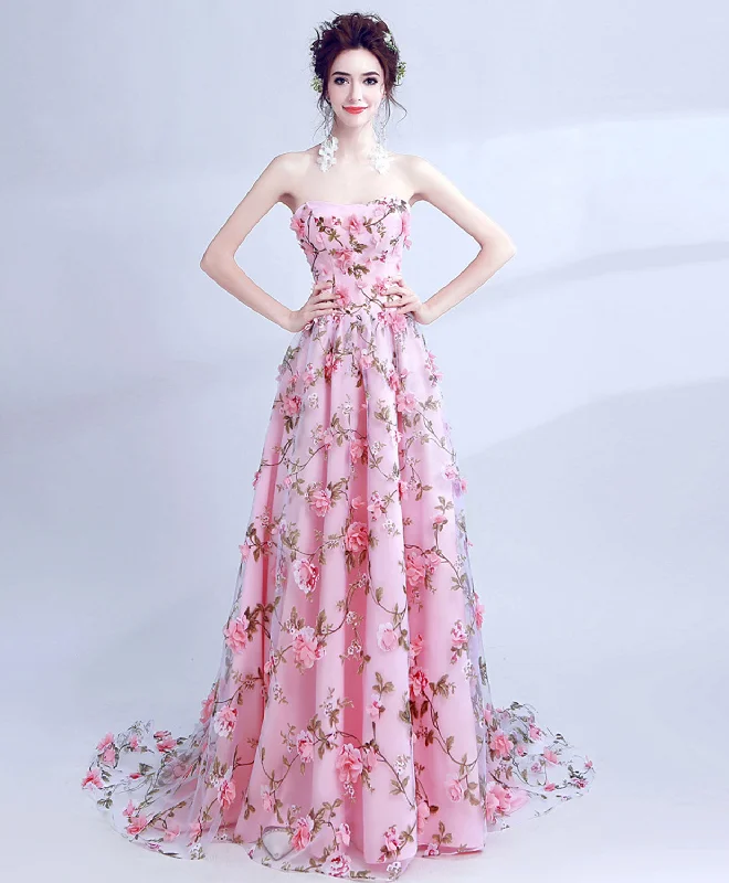 Festival dresses for music and arts eventsPink Tulle 3D Flowers Long Prom Dress, Pink Long Graduation Dresses