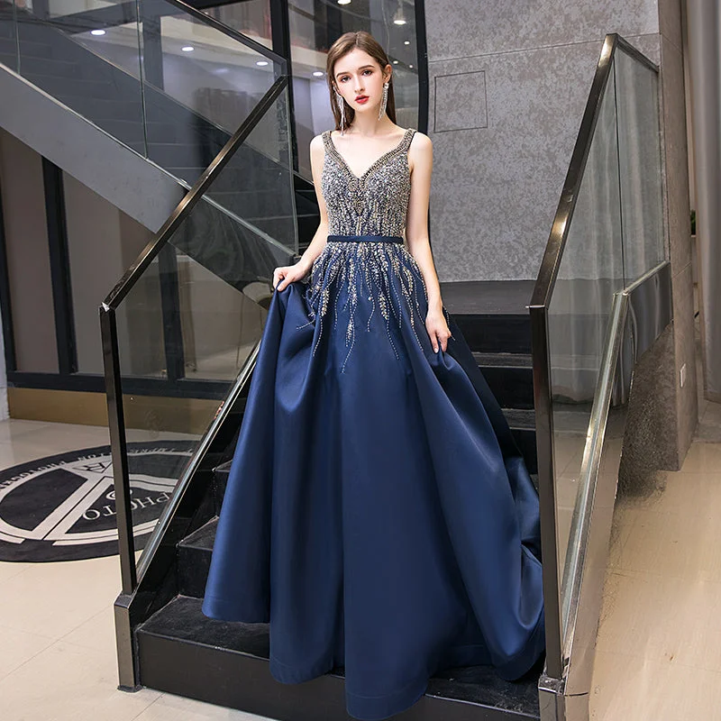 Elegant women's dressesHigh quality v neck beads long prom dress blue evening dress  8526