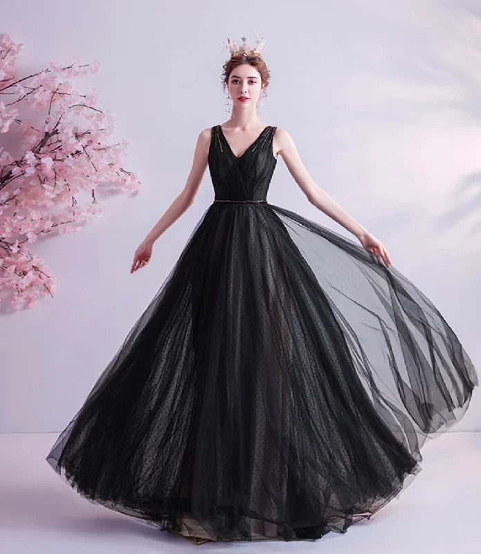 Bridesmaid dresses for womenBlack v neck tulle beads prom dress evening dress  8519